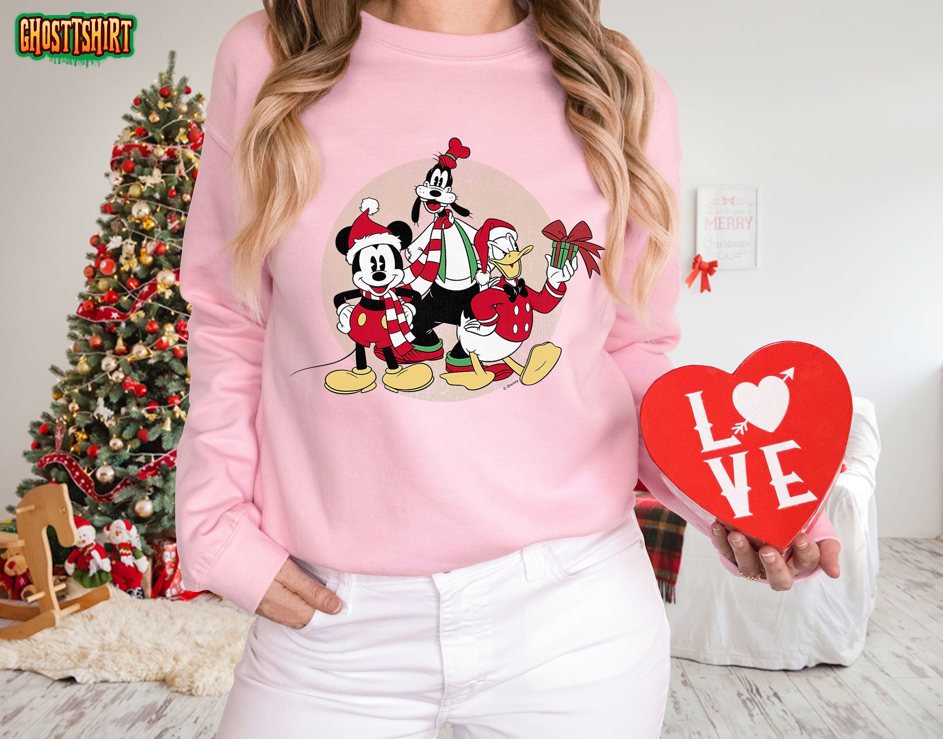 Disney Vintage Mickey Mouse Donald Duck Goofy Retro Holiday Christmas Sweatshirt