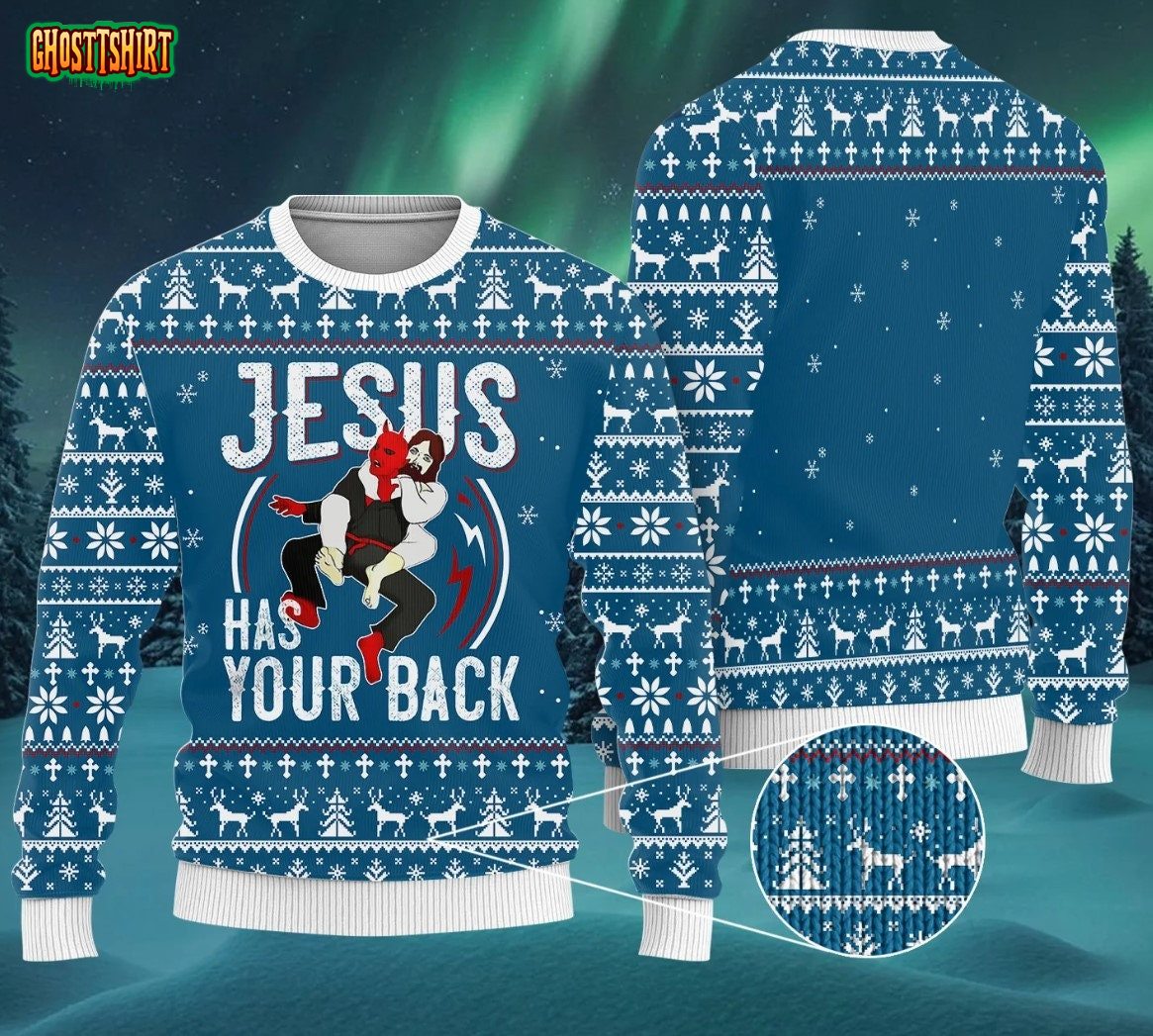 Jesus Has Your Back Jiu Jitsu Ugly Christmas Sweater Funny Xmas Gift