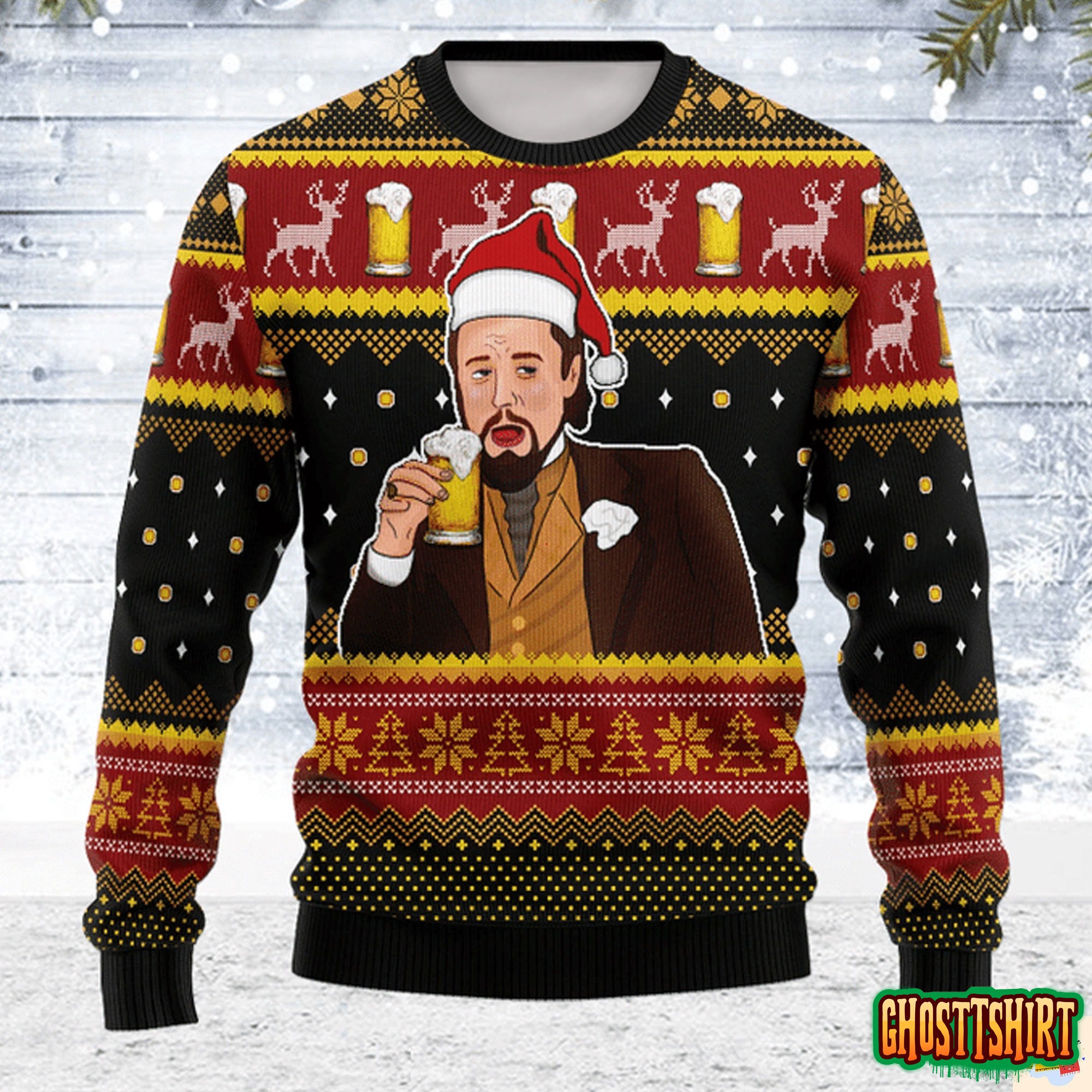 Mens Leo Laughing Meme Drinking Ugly Christmas Sweater