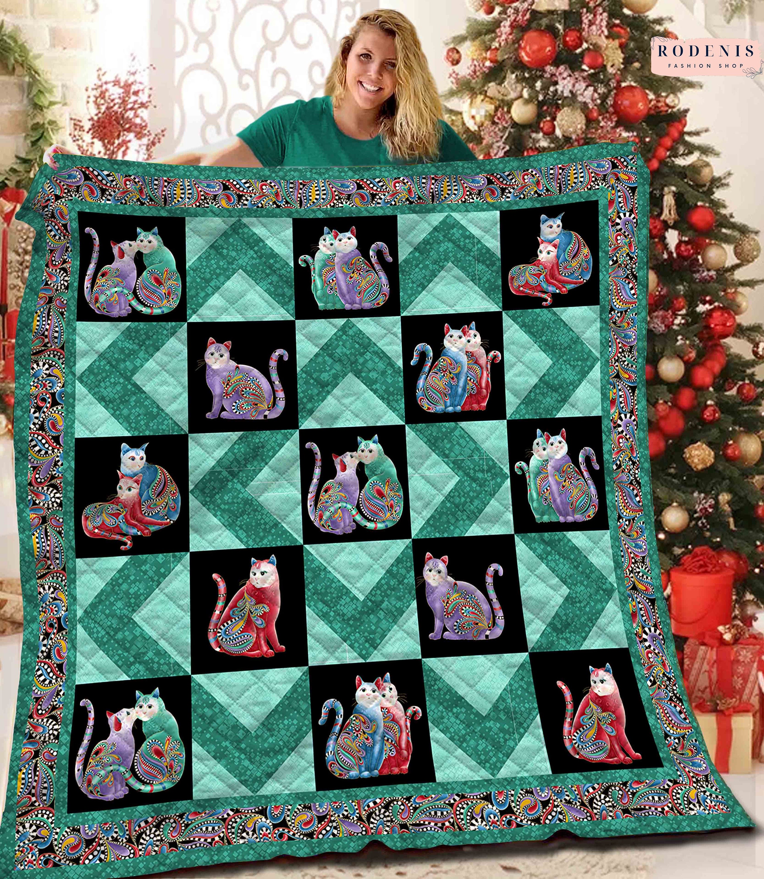 Unique Cat Animal Pet Lover Mandala Pattern Vintage Mint Quilt Blanket