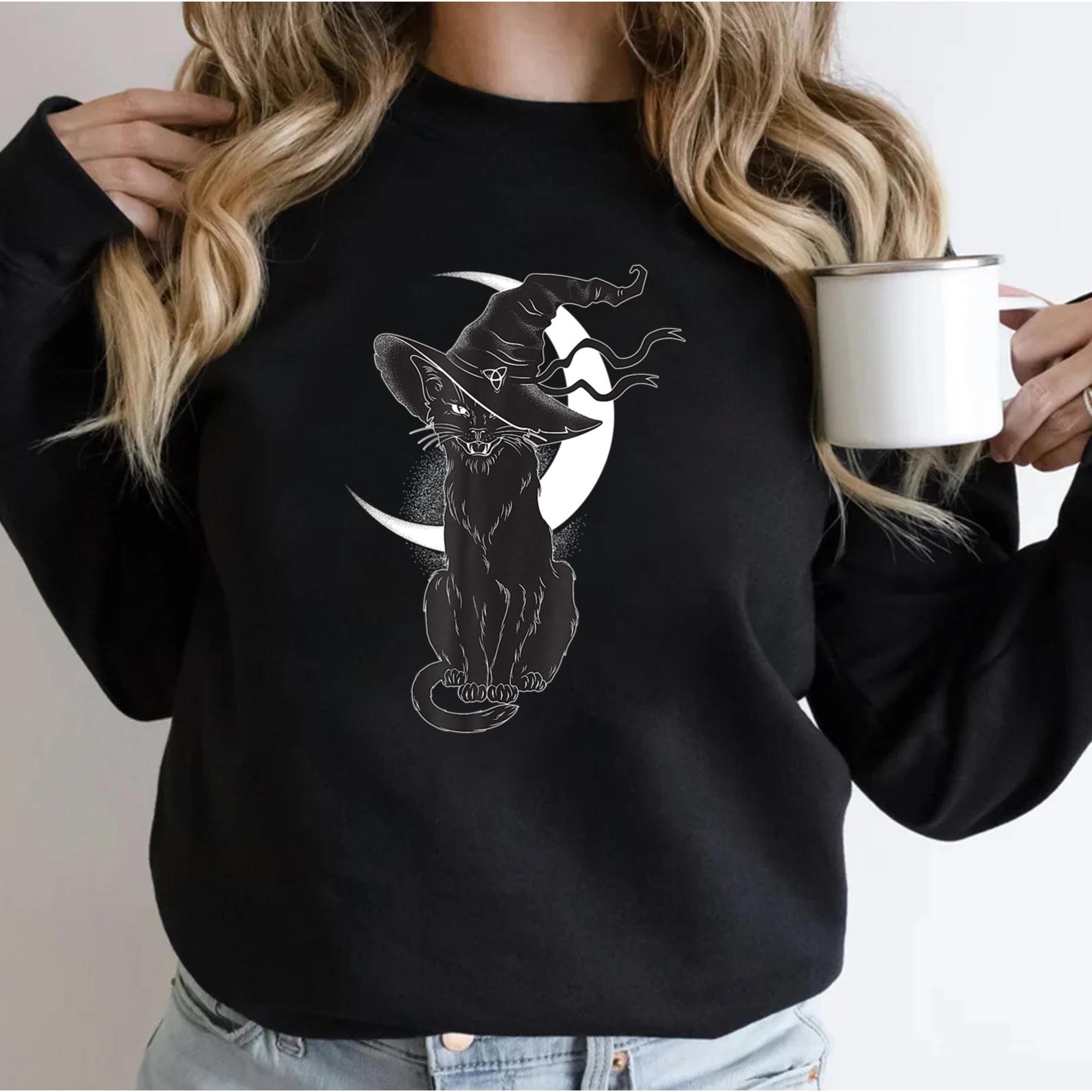 Vintage Scary Halloween Black Cat Costume Witch Hat Moon Sweatshirt