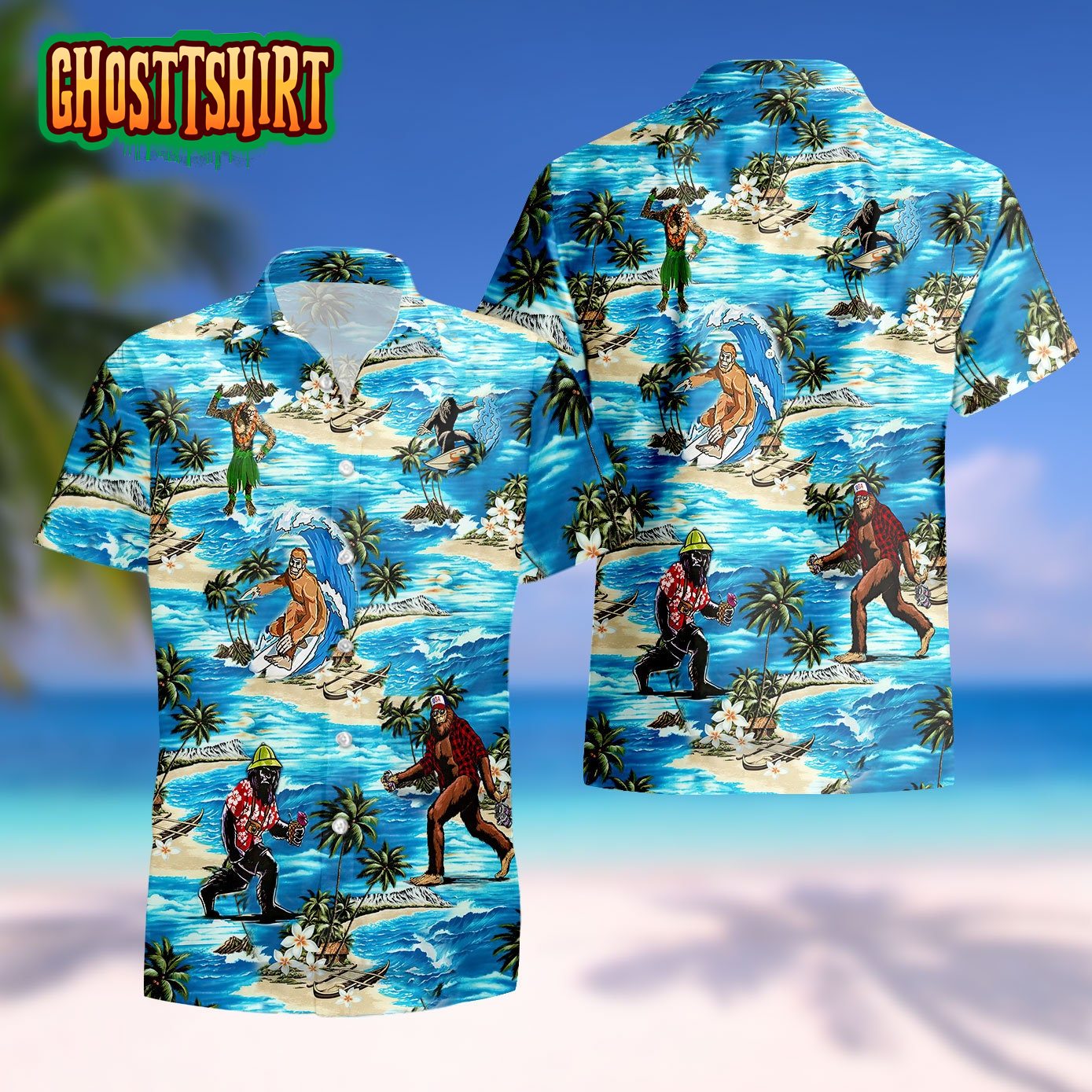 Bigfoot Surfing Hawaiian Aloha Shirt