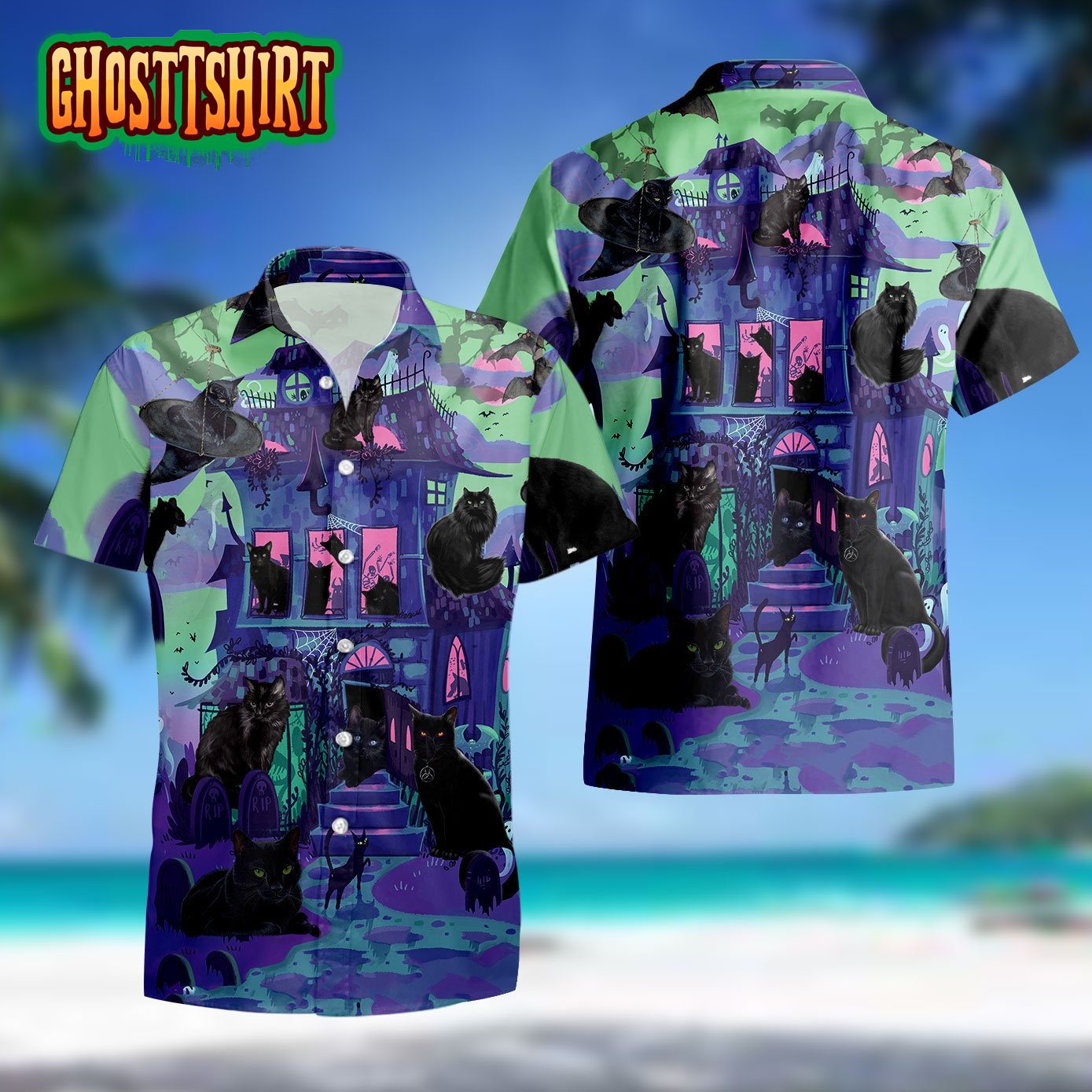 Black Cats In A Haunted House Hawaii Shirt