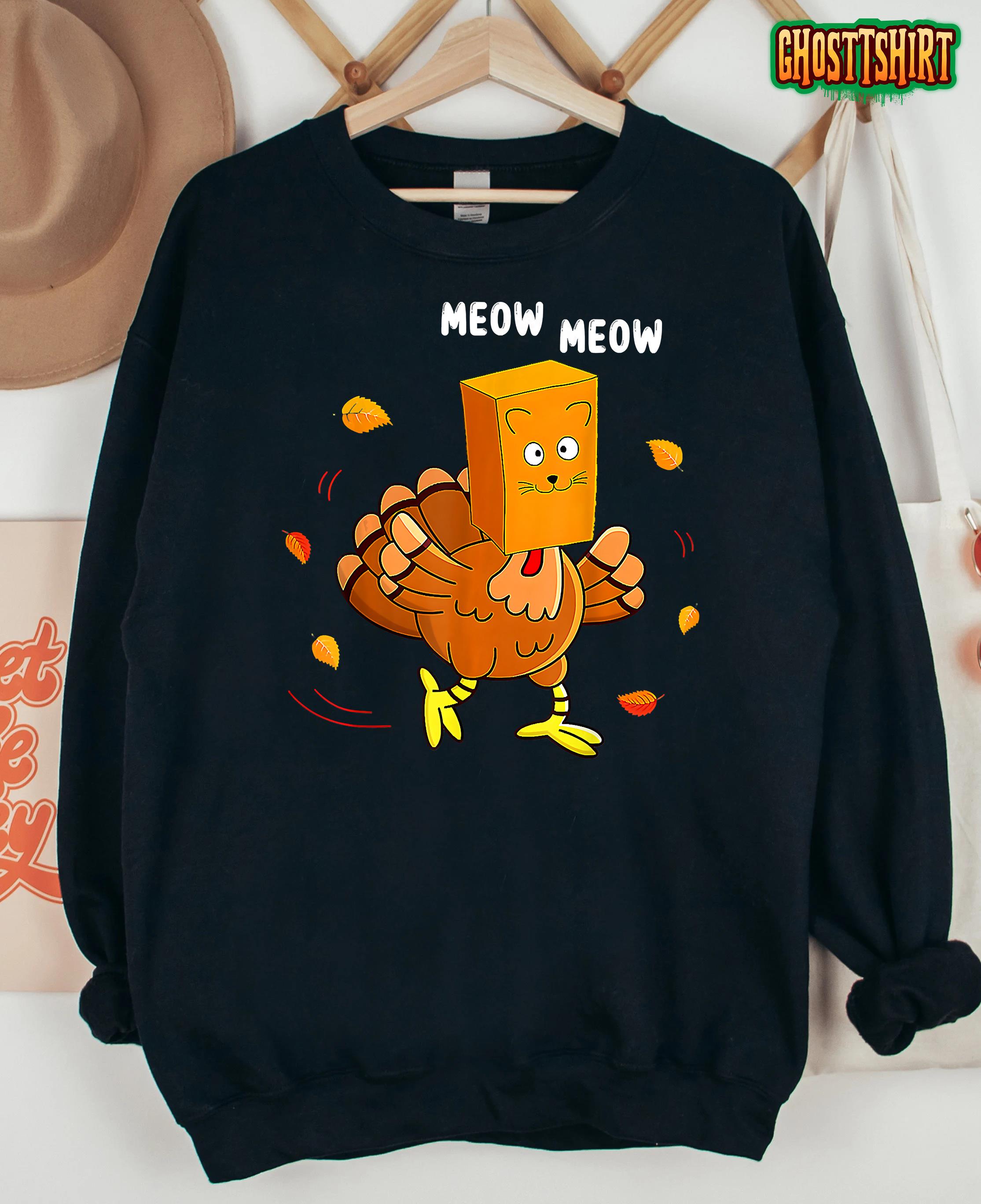 Funny Thanksgiving Women Men Kid Family Turkey Meow Cat Sweatshirt