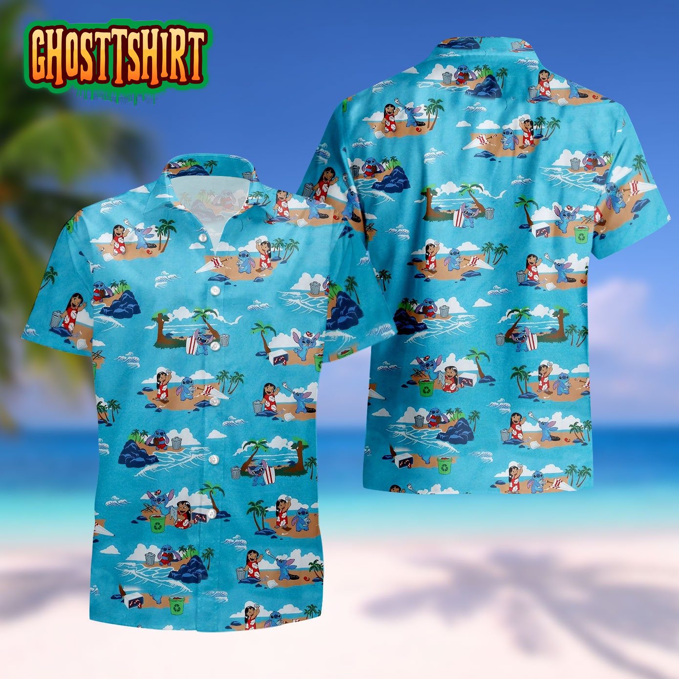 Lilo & Stitch Scenic Earth Day Woven Button Up Hawaiian Shirt