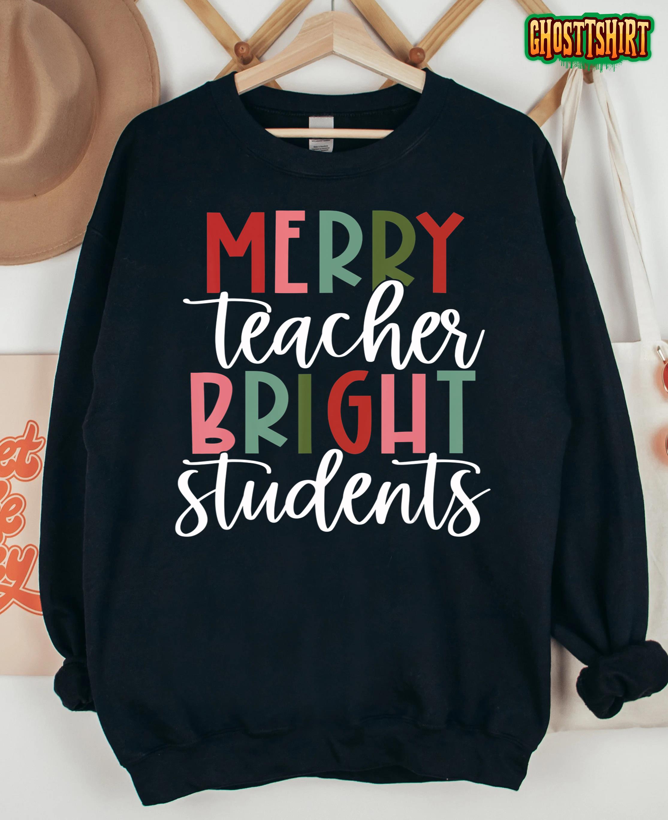 Retro Merry Teacher Bright Students Funny Christmas Teacher T-Shirt
