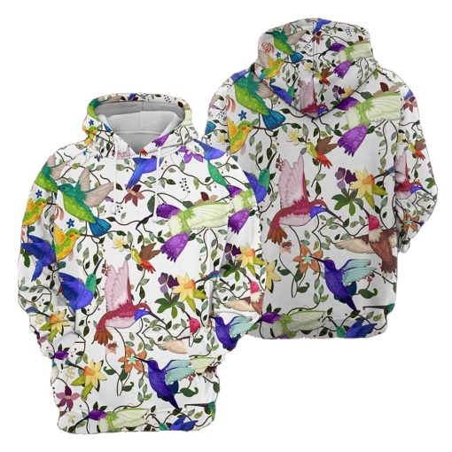 Colors Hummingbird Flower Pattern On White Unisex 3d Print All Over Christmas Hoodie