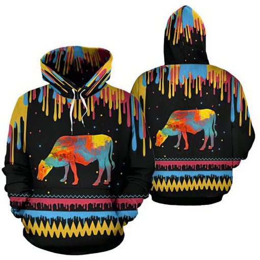 Cow Farm Watercolor Colorful Style Pattern On Black Unisex 3D Print All Over Christmas Hoodie