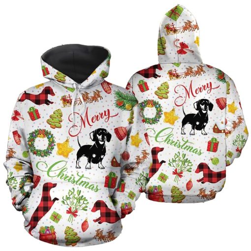 Dachshund Merry Christmas Pattern On White Unisex 3D Print All Over Christmas Hoodie