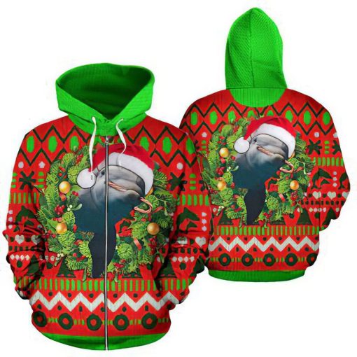 Dolphin Christmas Wreath Pattern Red Unisex 3D Print All Over Christmas Hoodie