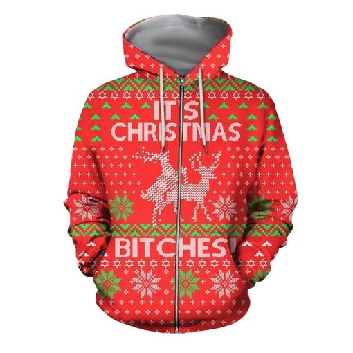 Funny Ugly Its Christmas Deers Pattern Red Unisex 3D Print All Over Christmas Hoodie