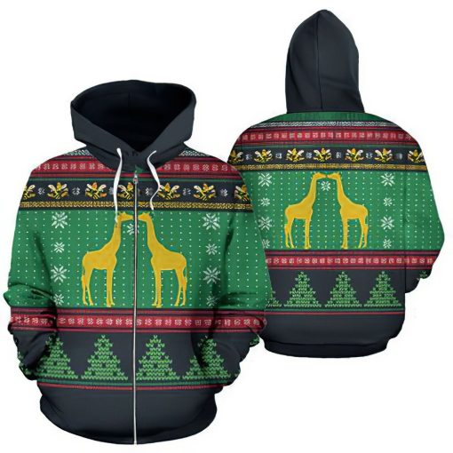 Giraffe Knitting Christmas Green And Black Unisex 3D Print All Over Christmas Hoodie