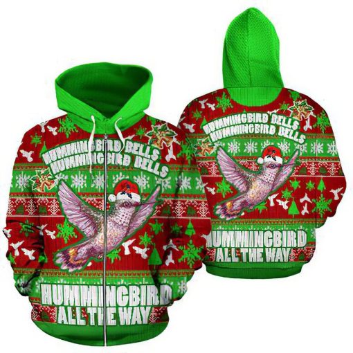 Hummingbird Bells Christmas Pattern Red And Green Unisex 3D Print All Over Christmas Hoodie