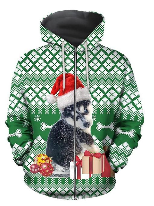 Husky Merry Christmas Pattern Green Unisex 3D Print All Over Christmas Hoodie