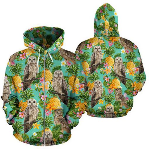 Owl Tropical Pineapple Pattern Green Unisex 3D Print All Over Christmas Hoodie
