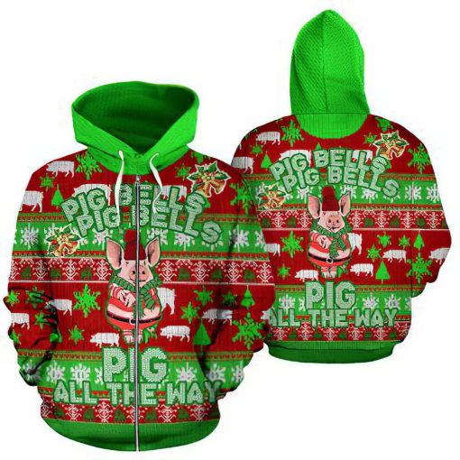 Pig Bells Christmas Pattern Red And Green Unisex 3D Print All Over Christmas Hoodie