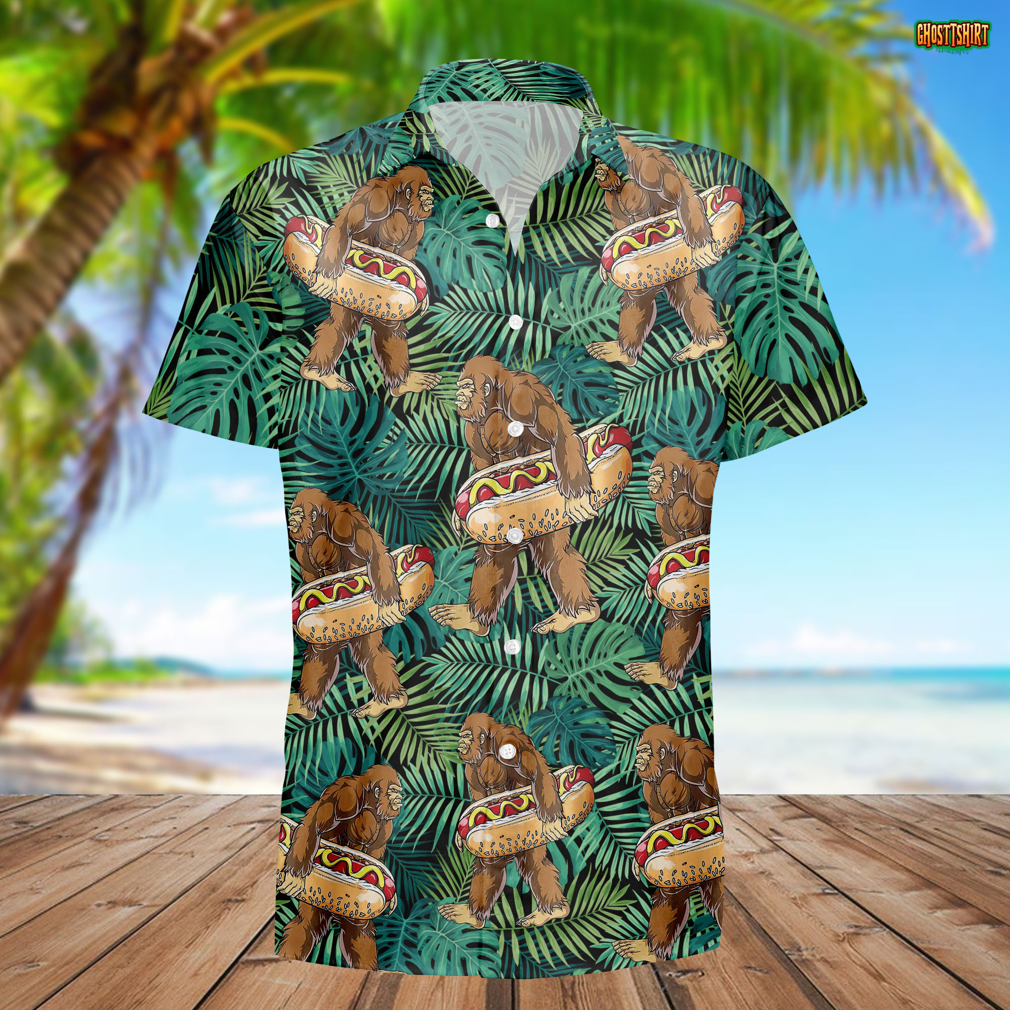 Bigfoot Carrying Hot Dog Hawaiian Shirt