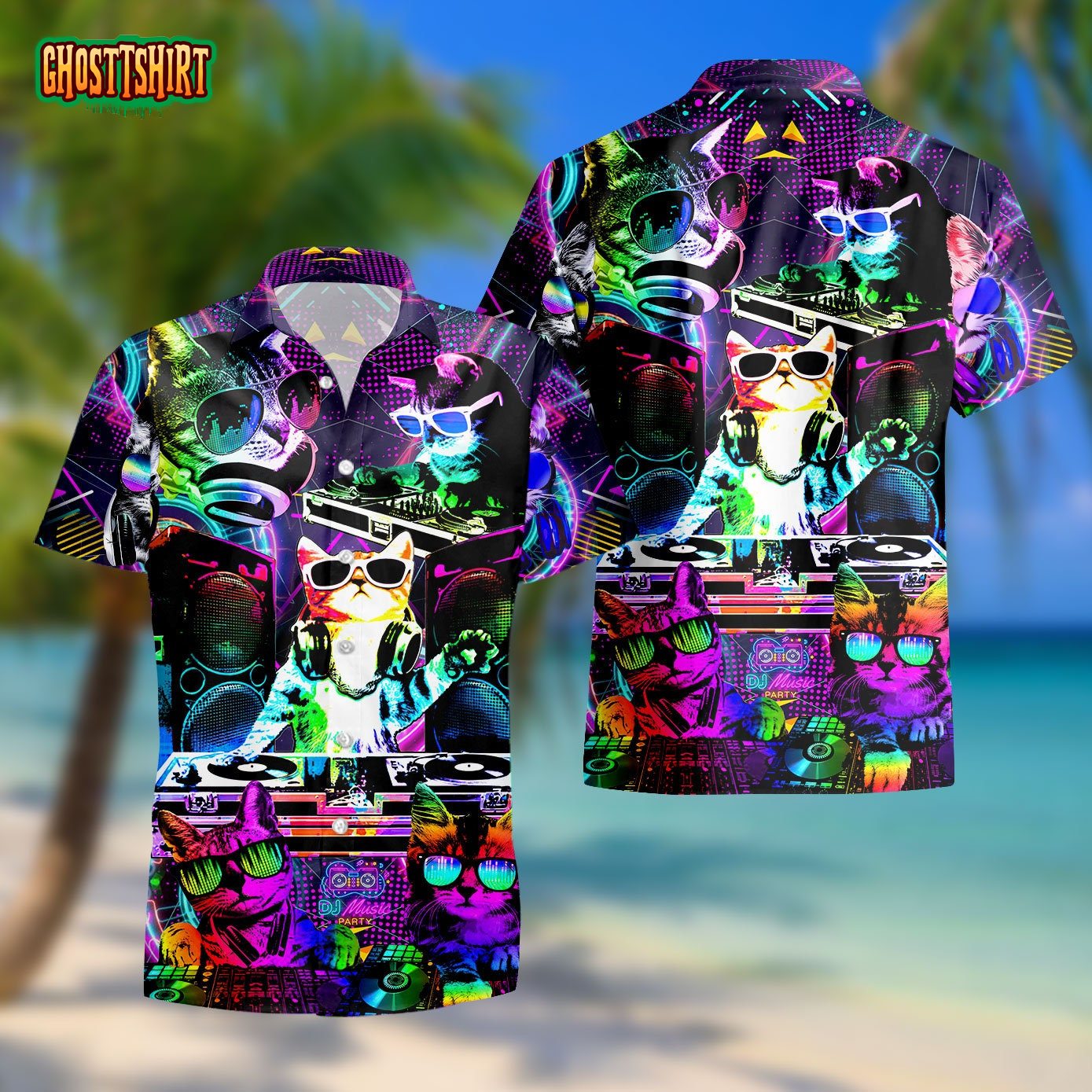 Cool Neon DJ Kitty Cat Hawaiian Shirt