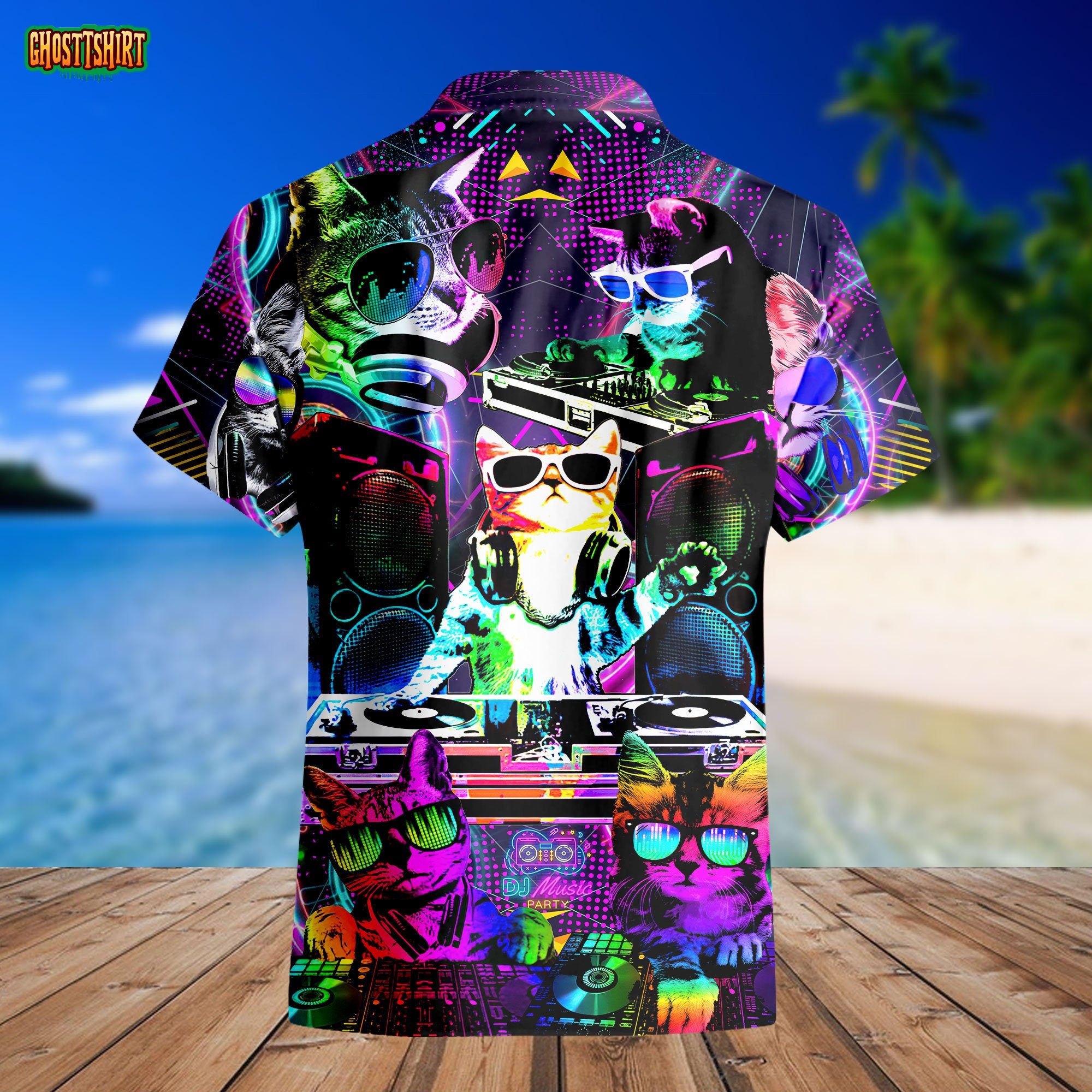 Cool Neon DJ Kitty Cat Hawaiian Shirt