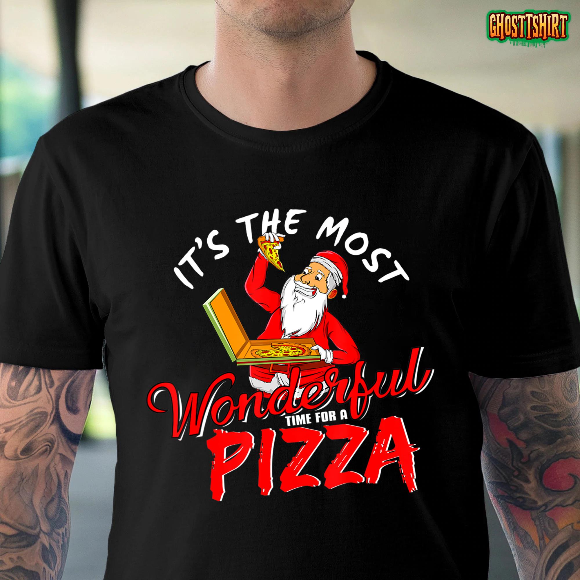 Funny Christmas Santa Claus eating pizza Wonderful Time Xmas T-Shirt