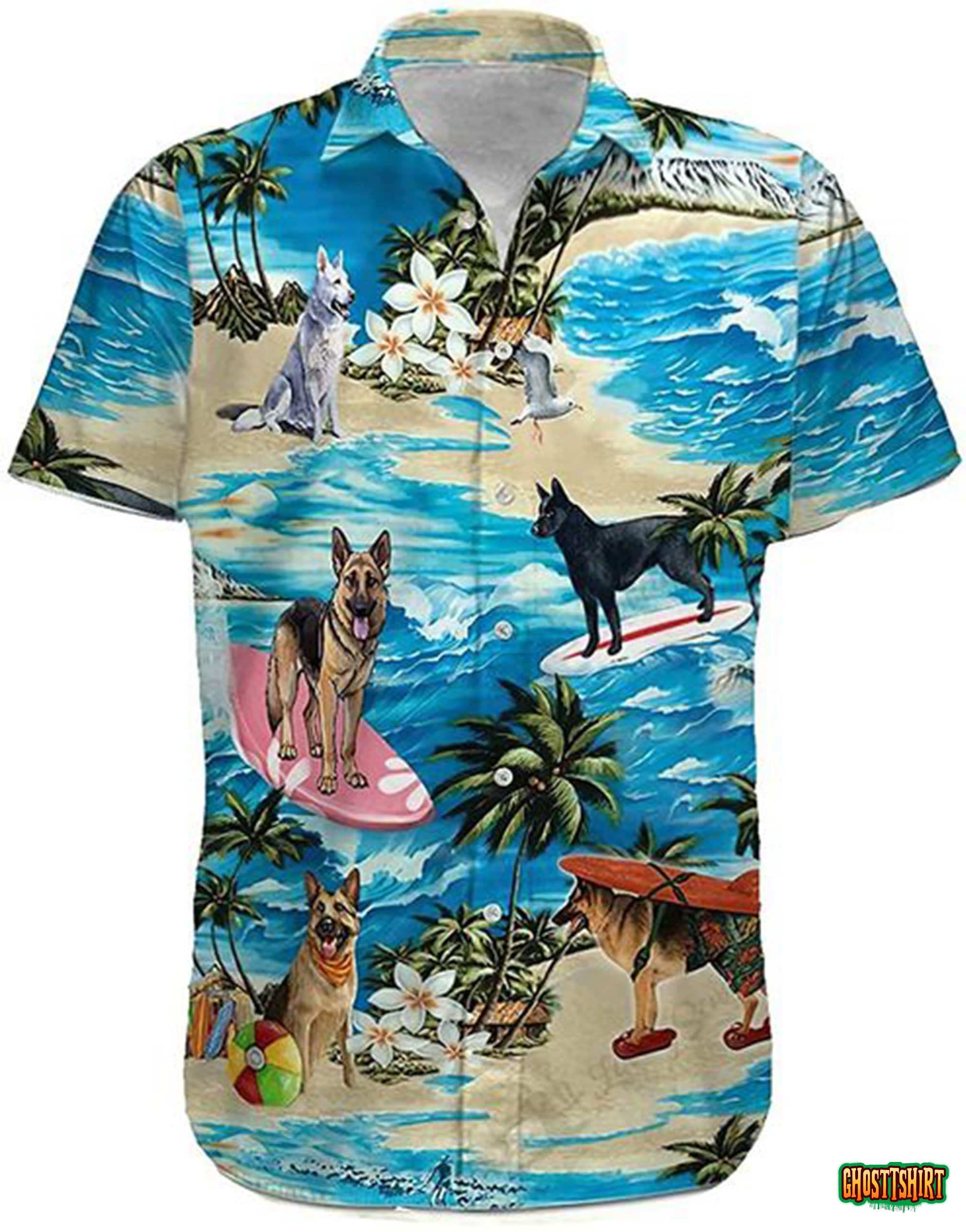 German Shepherd Dog Surfing Tropical Hawaiian Shirt