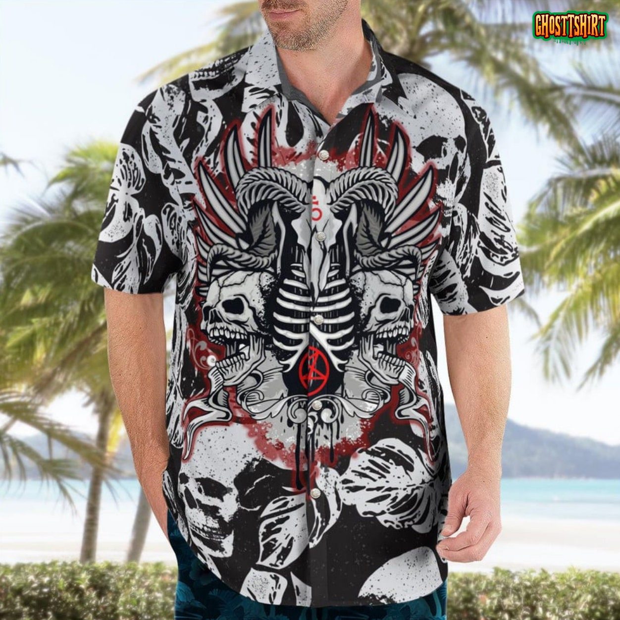 Goat Skull With Pentagram Satanic Hawaiian Shirt