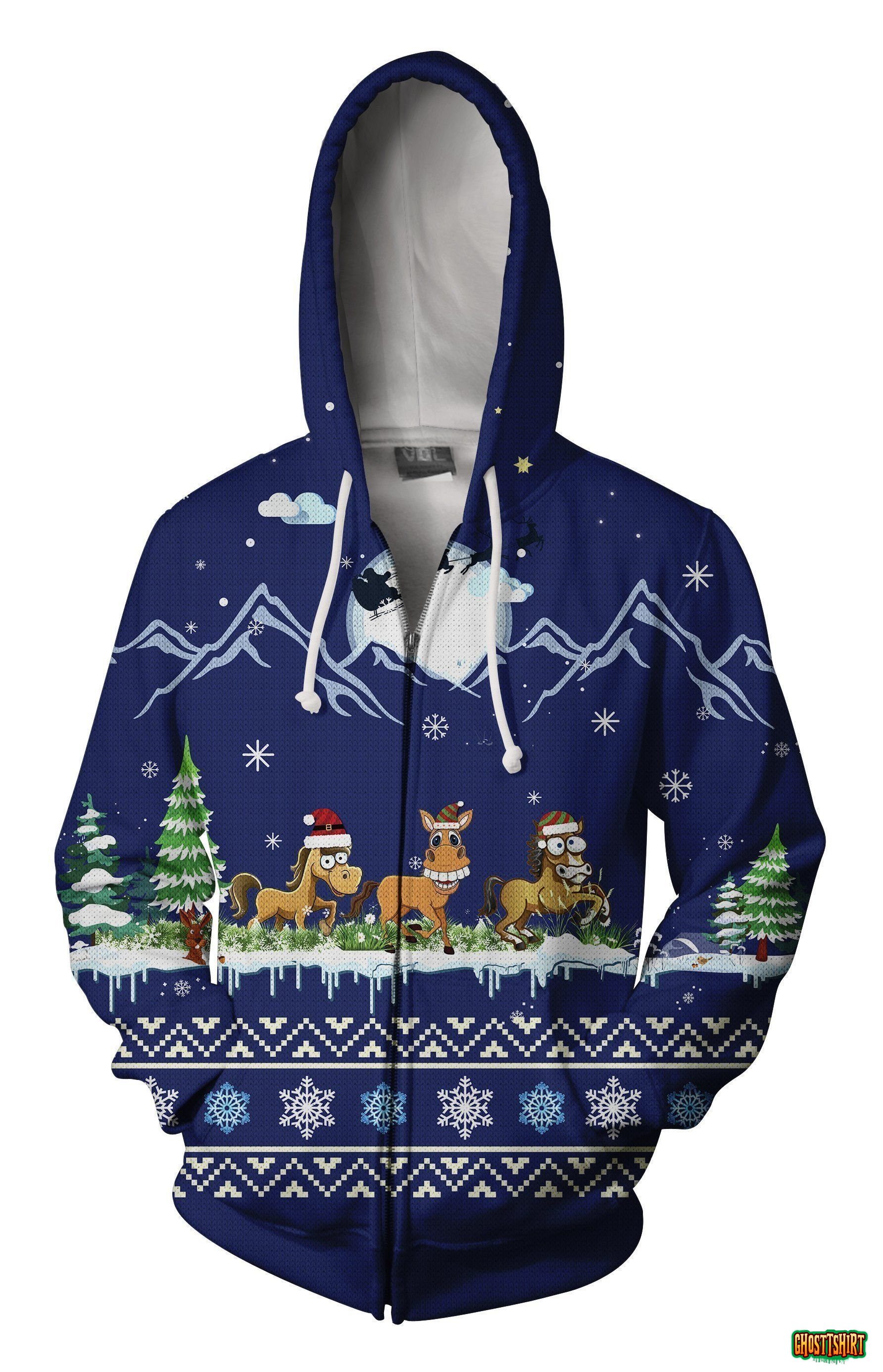 Horse On Christmas Night Pattern Blue Unisex 3D Print All Over Christmas Hoodie