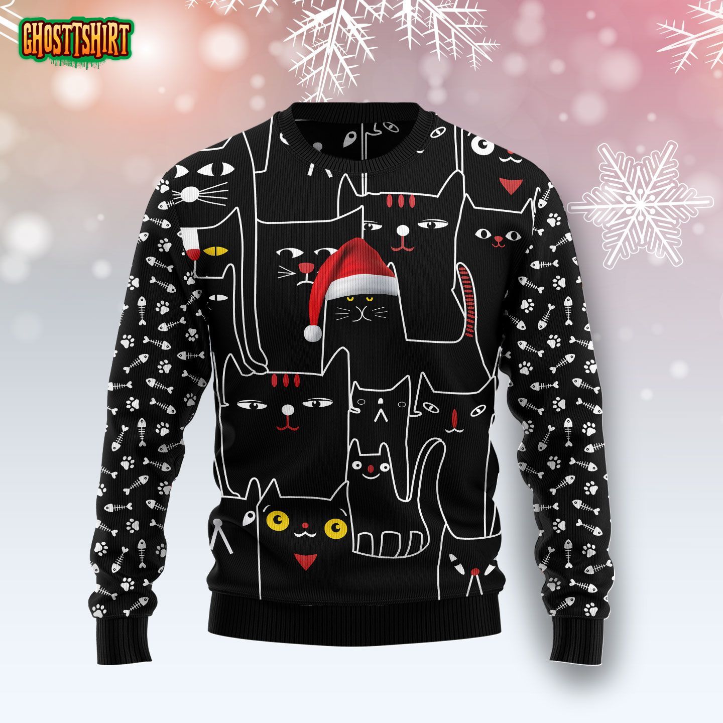 Black Cat With Noel Hat Xmas Funny Ugly Christmas Sweater
