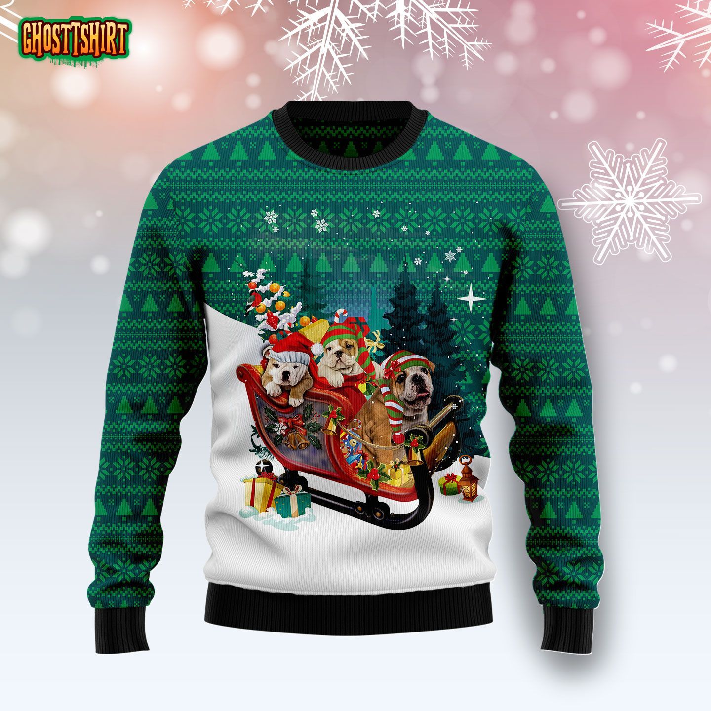 Bulldog Sleigh Xmas Funny Ugly Christmas Sweater