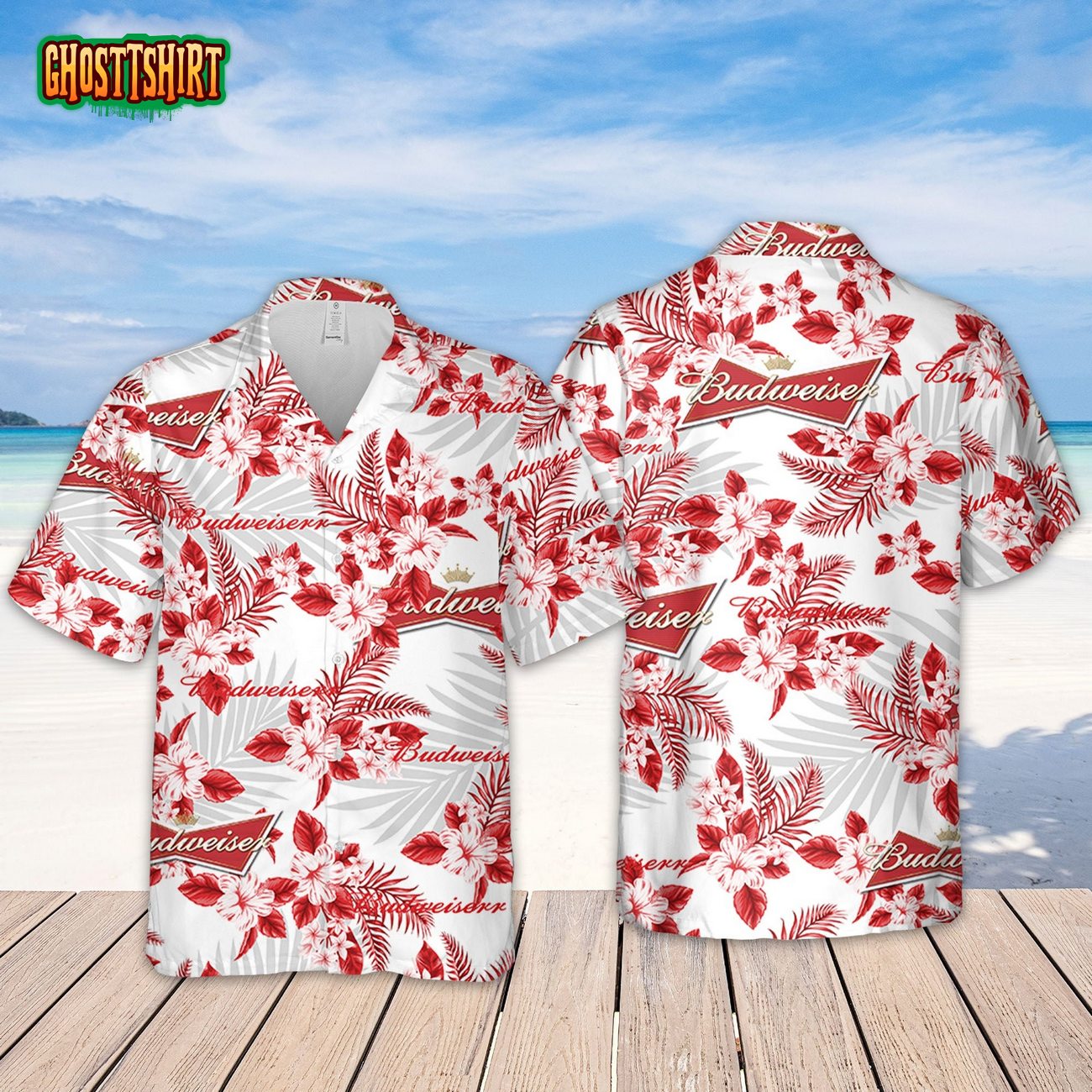 Budweiser Hawaiian Flowers Pattern Shirt