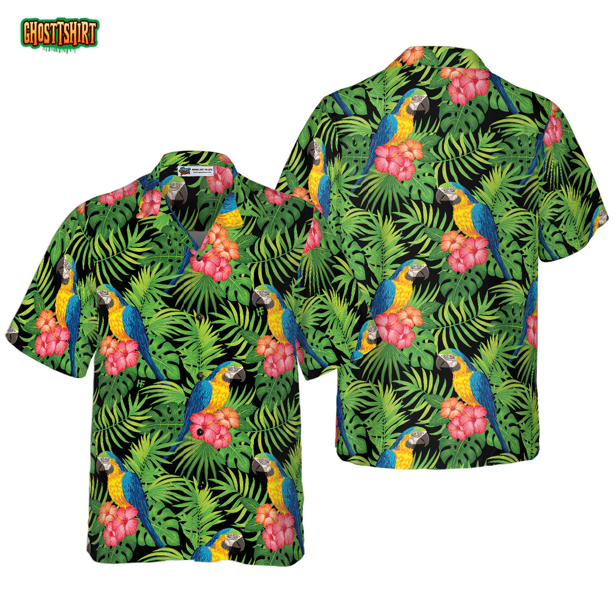 Parrots Hibiscus And Palm Leaves Hawaiian Shirt