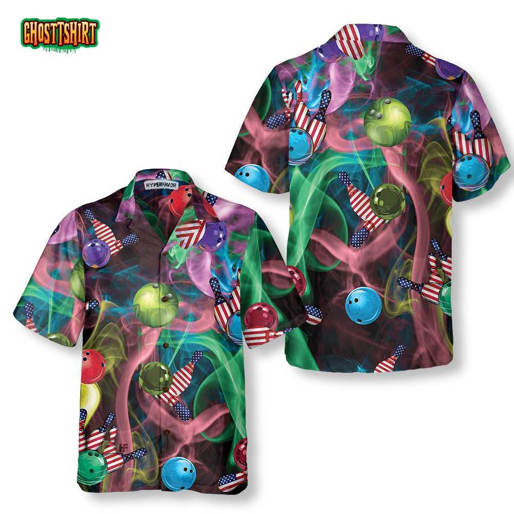 Rainbow Smoke And American Flag Bowling Hawaiian Shirt