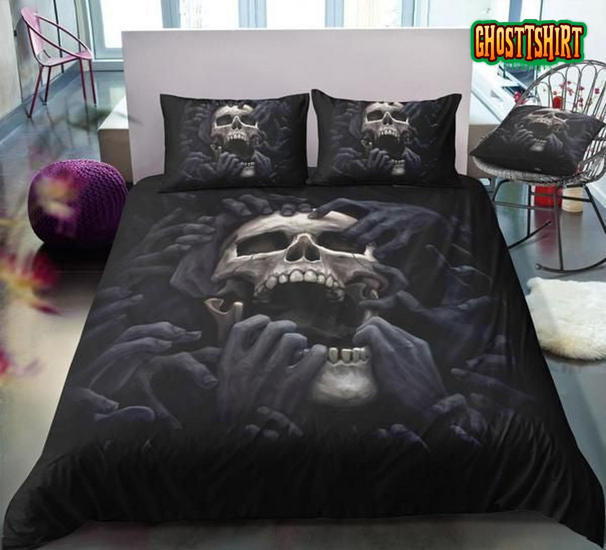 Angry Skull Black Bed Sheets Duvet Cover Bedding Set