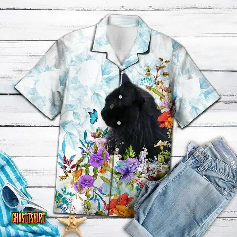 Black Cat Floral Aloha Hawaiian Shirt