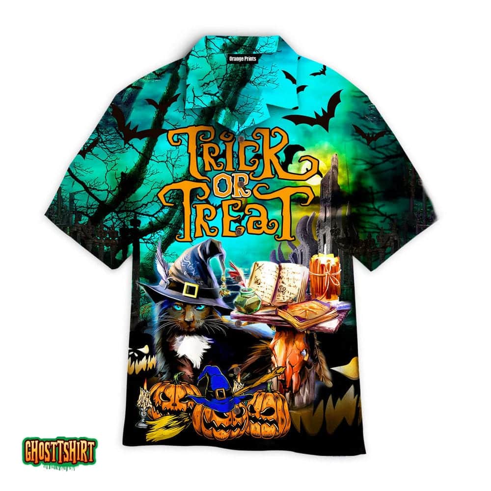 Black Cat Halloween Trick Or Treat Aloha Hawaiian Shirt