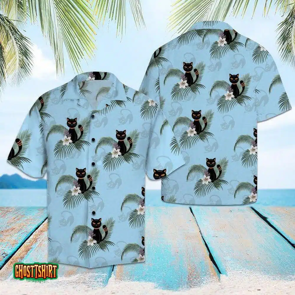 Black Cat Tropical Blue Aloha Hawaiian Shirt
