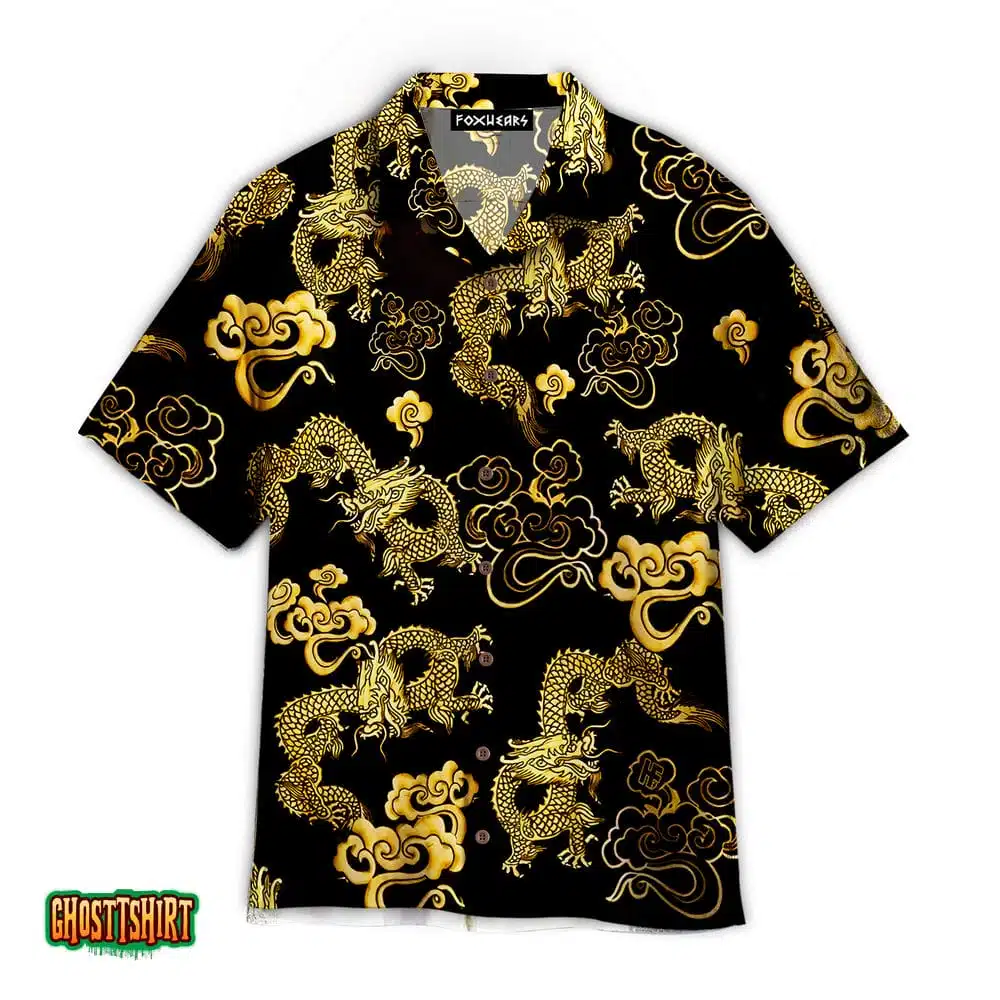 Black Gold Oriental Dragon Aloha Hawaiian Shirt