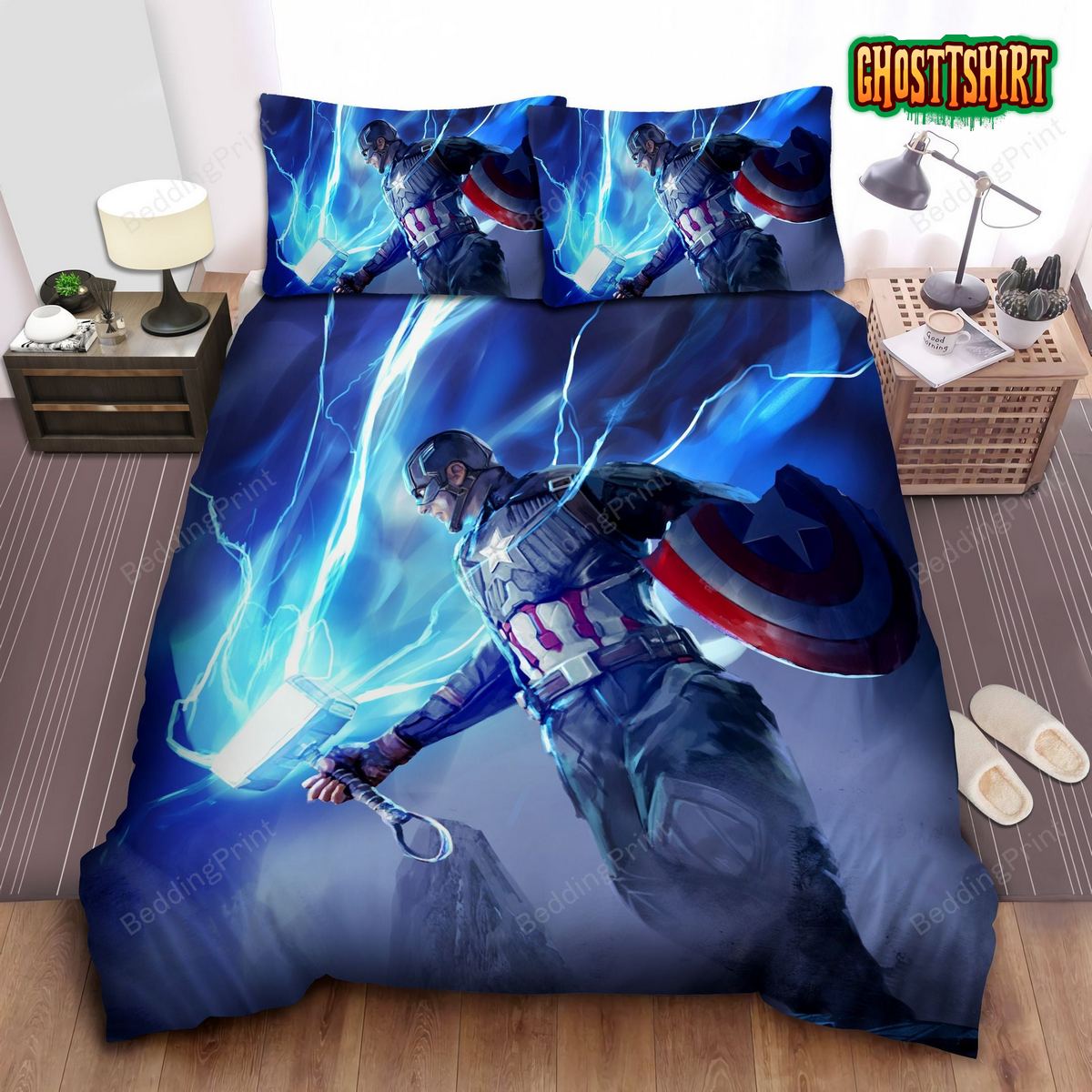 Captain America Lifting Thors Hammer Bed Sheets Duvet Cover Bedding Set 7463