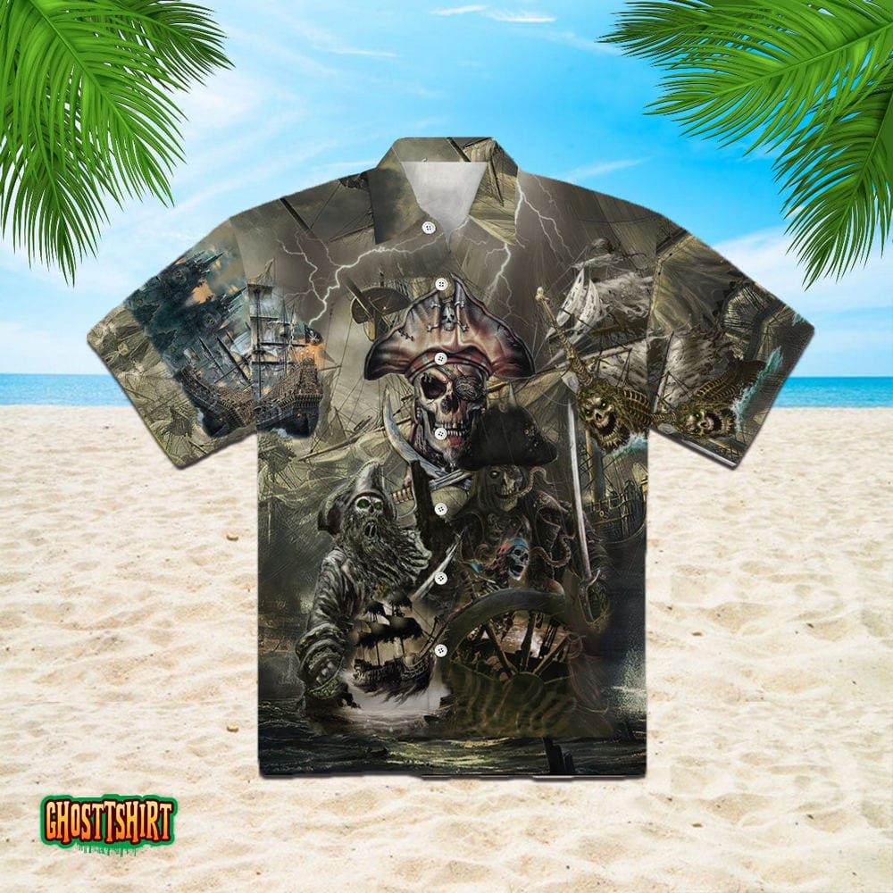 Caribbean Skull Pirate Ghost Ship Grey Aloha Hawaiian Shirt