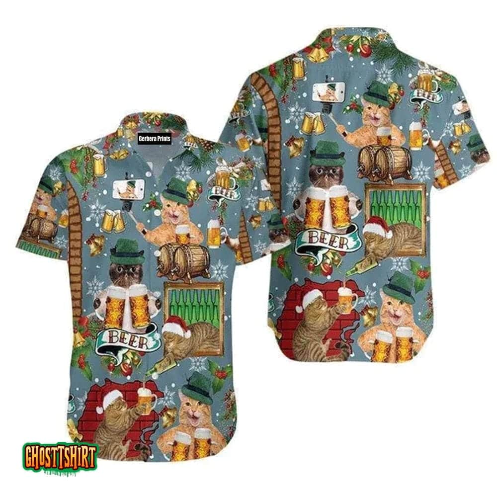 Cat Drinking Beer Merry Christmas Pattern Aloha Hawaiian Shirt