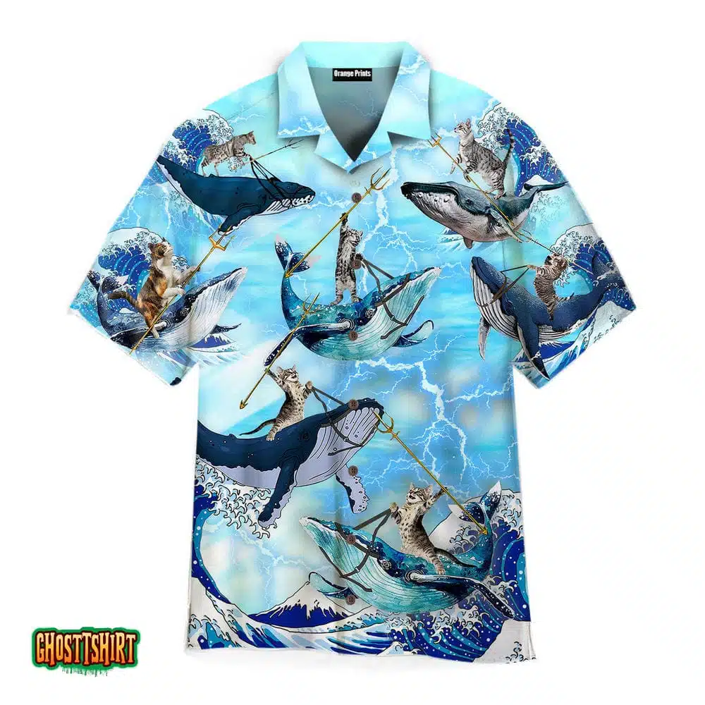Cat Riding Whale In Ocean Aloha Hawaiian Shirt