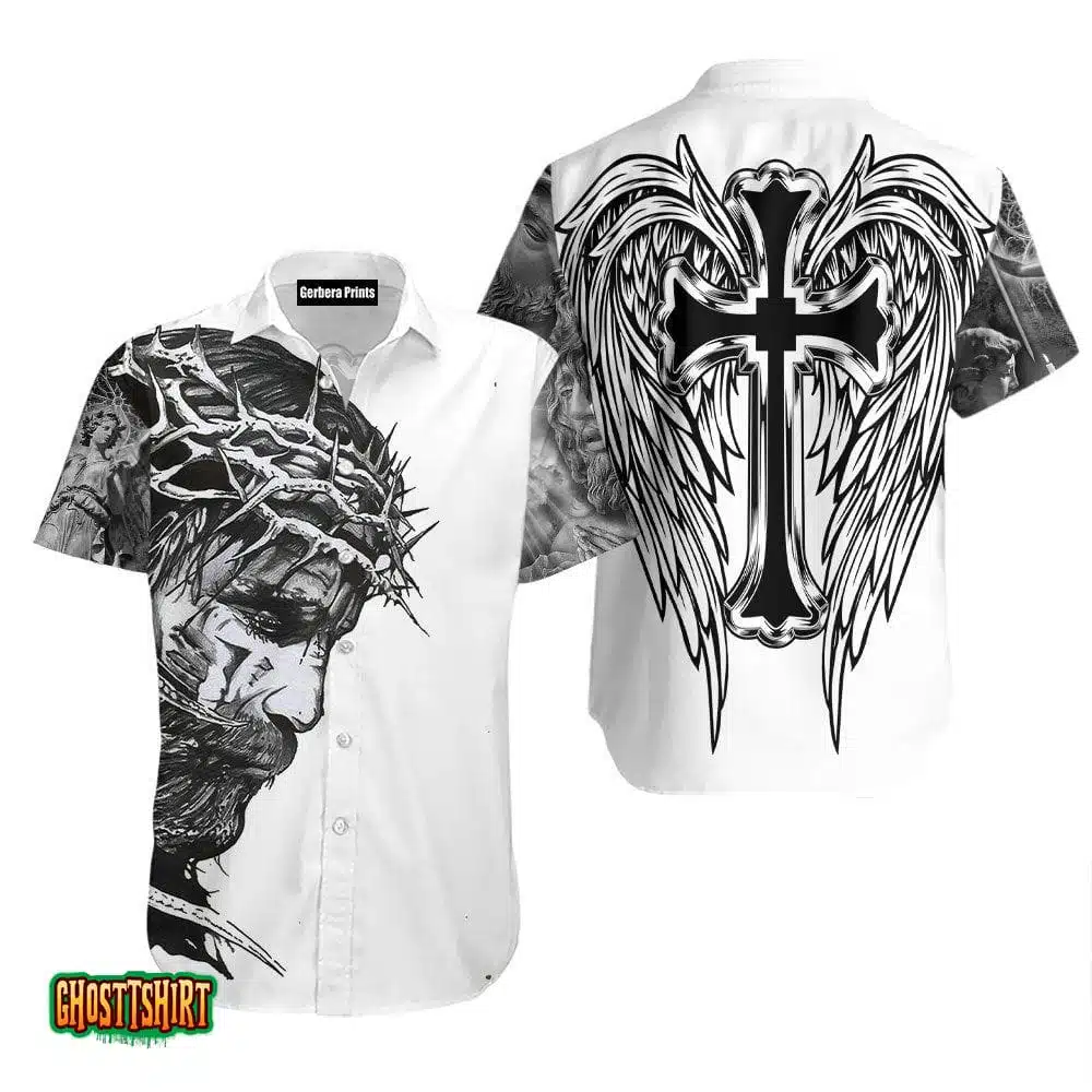 Christian Jesus Easter Cross And Wings Black And White Aloha Hawaiian Shirt