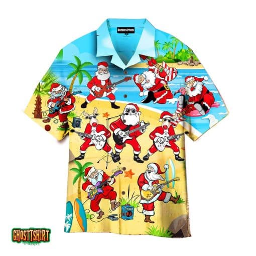 Christmas Santa Claus Playing Guitar On Beach Coconut Palm Trees Aloha Hawaiian Shirt