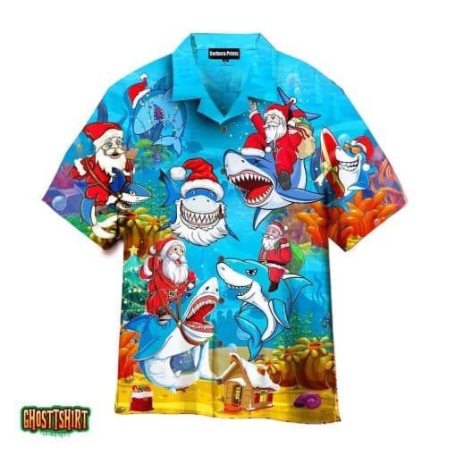 Christmas Santa Shark Santa Sled Brings Gifts To Ocean Funny Light Blue Aloha Hawaiian Shirt