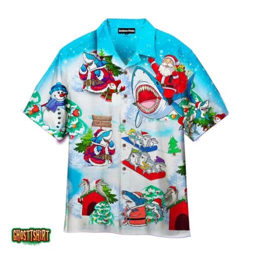 Christmas Shark Blue Aloha Hawaiian Shirt