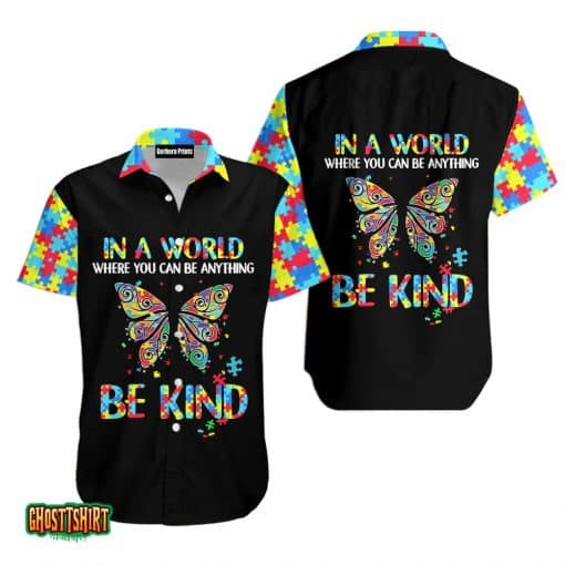 Colorful Butterfly Autism Be Kind Puzzle Piece Aloha Hawaiian Shirt