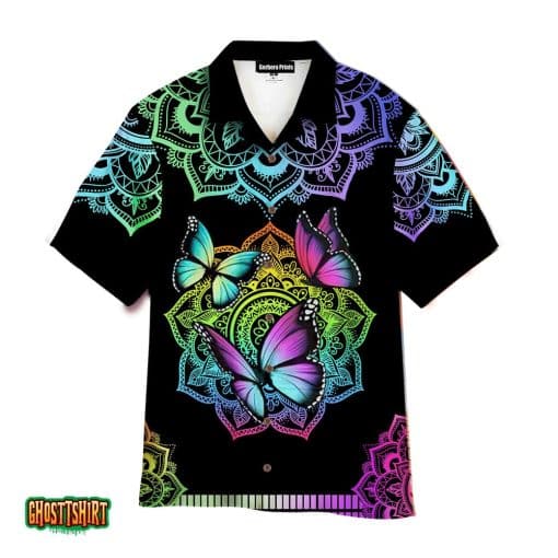 Colorful Butterfly Mandala Black Aloha Hawaiian Shirt