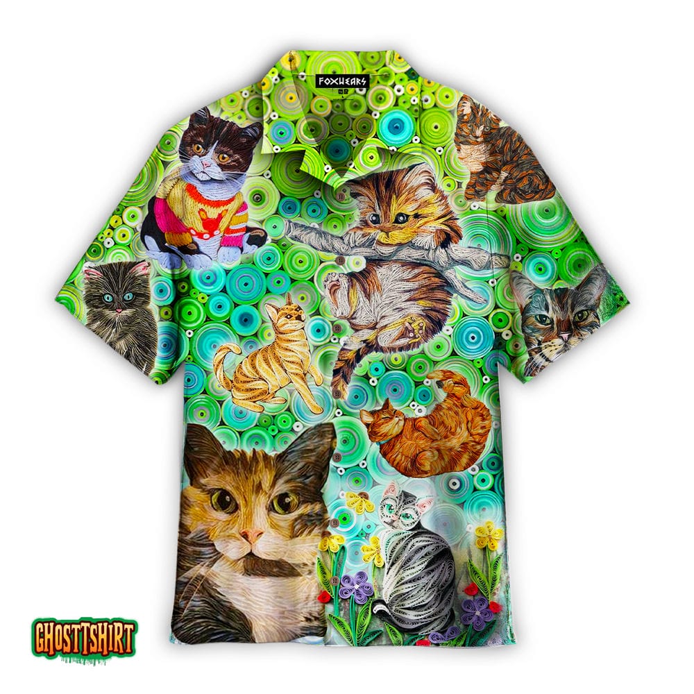 Colorful Cats Green Aloha Hawaiian Shirt