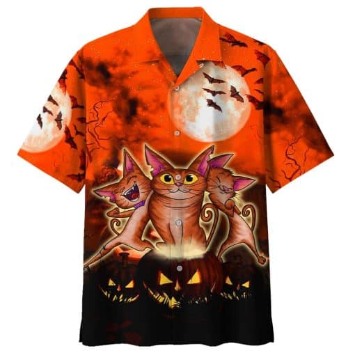 Crazy Cat And Pumpkin Bat Pattern Orange Halloween Aloha Hawaiian Shirt