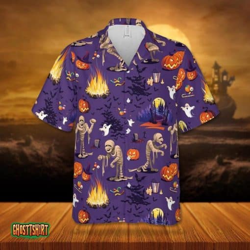 Curse Of The Mummy Ghost Pumpkin Bat Purple Halloween Aloha Hawaiian Shirt